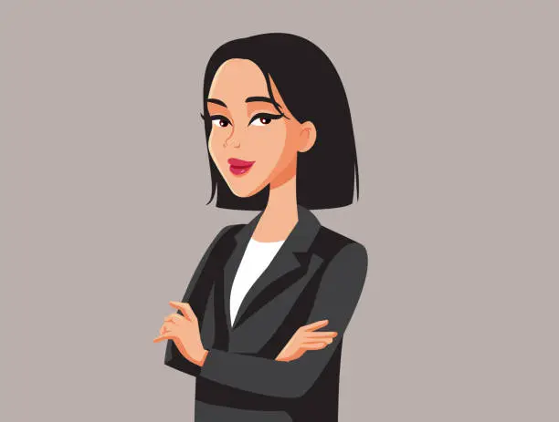 Vector illustration of Smiling Asian Business Woman with Arms Crossed