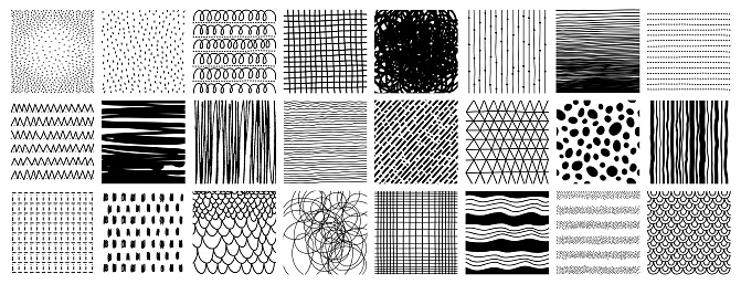 Grunge hand drawn textures, linear fashion prints. Abstract monochrome backdrops. Vector clip art collection isolated on white background. Design elements for cards, flyers, poster design templates