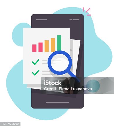 istock Research finance sales data audit on mobile phone report online or statistics info analysis on smartphone vector flat cartoon isolated, accounting concept, financial documents growth graphs icon 1257531278