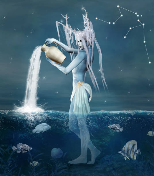 Aquarius astrological sign Zodiac series - Aquarius as a fantasy sea creature spilling water from a vase - 3D render goddess of ocean stock pictures, royalty-free photos & images
