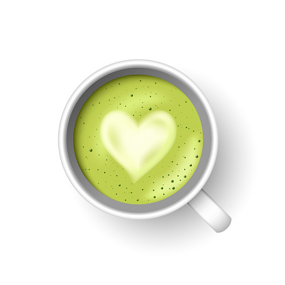 Realistic 3d cup of hot aromatic green Japanese tea matcha latte drink. A teacup top view isolated on white background. Vector illustration for web design, menu, app, advert.