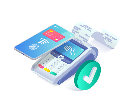 Isometric shopping, successful contactless payments via smartphone approved concept. 3d payment terminal with green yes tick mark. Success cashless NFC payment transaction. Vector payments machine.