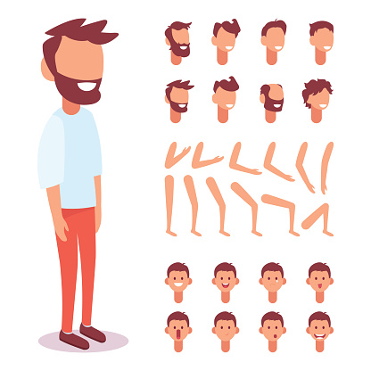 Flat Vector Guy character for your scenes. Character creation set with various views, face emotions, lip sync and poses. Parts of body template for design work and animation.