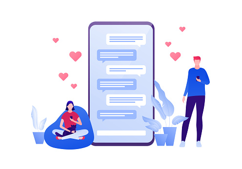 Dating online app and relationship concept. Vector flat person illustration. Man with smartphone and woman sitting with cat chat on phone screen. Like heart symbol. Design element for banner, web.