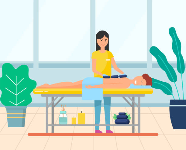 frau bekommt hot stone massage in spa salon vector - lastone therapy illustrations stock-grafiken, -clipart, -cartoons und -symbole