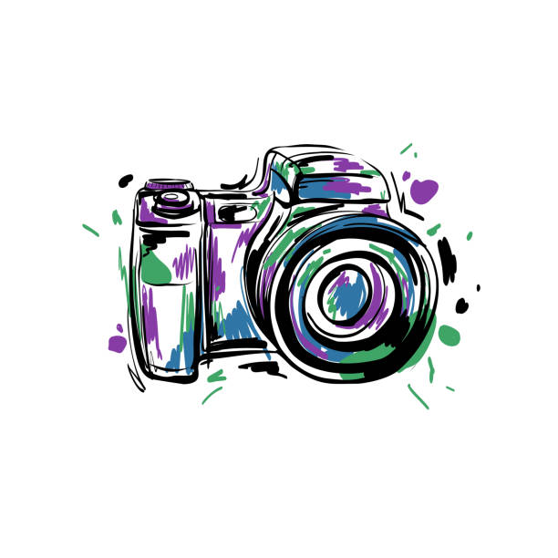 illustrazioni stock, clip art, cartoni animati e icone di tendenza di illustrazione vettoriale di una fotocamera disegnata a mano. sfondo isolato. - photographer