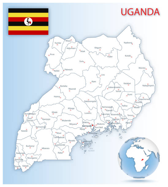 Detailed Uganda administrative map with country flag and location on a blue globe. Detailed Uganda administrative map with country flag and location on a blue globe. Vector illustration uganda stock illustrations