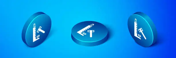 Vector illustration of Isometric High striker attraction with big hammer icon isolated on blue background. Attraction for measuring strength. Amusement park. Blue circle button. Vector
