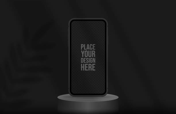 Podium for smartphone presentation in black color with shadow leaf. Vector flat illustrations. Podium for smartphone presentation in black color with shadow leaf. Vector flat illustrations. Circular realistic exhibition platform, display case. Black background banner for advertise phone. construction platform illustrations stock illustrations