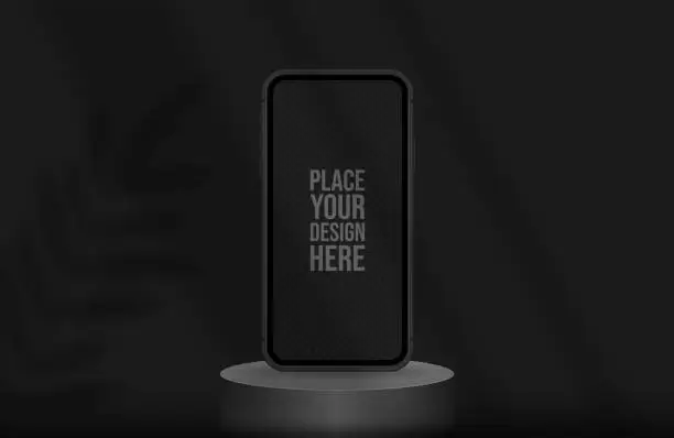 Vector illustration of Podium for smartphone presentation in black color with shadow leaf. Vector flat illustrations.