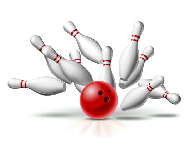 red bowling ball stürzt in die pins. illustration des bowling-streik isoliert auf weißem hintergrund. - strike stock-grafiken, -clipart, -cartoons und -symbole