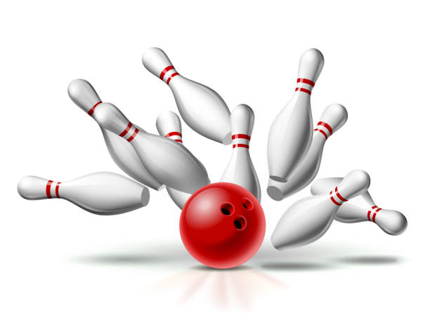 ilustraciones, imágenes clip art, dibujos animados e iconos de stock de red bowling ball chocando contra los alfileres. ilustración de la huelga de bolos aislada sobre fondo blanco. - bolo