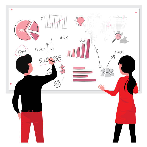 бизнес-мужчина и женщина смотрят на график и работают над ним, анализируя успешный бизнес - spreadsheet improvement analyst graph stock illustrations