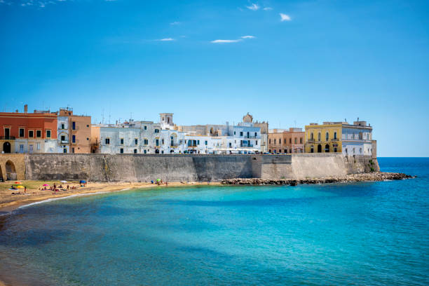 view of gallipoli old town and harbour, puglia region, south italy - sky sea town looking at view imagens e fotografias de stock