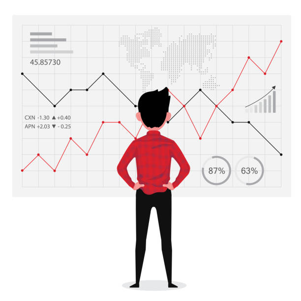 illustrations, cliparts, dessins animés et icônes de un homme d’affaires regarde le graphique tout en analysant sur une entreprise réussie - spreadsheet improvement analyst graph