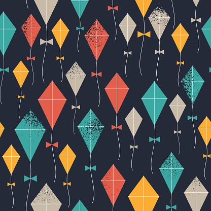 Kites seamless pattern. Flying kites background. Retro fabric style.