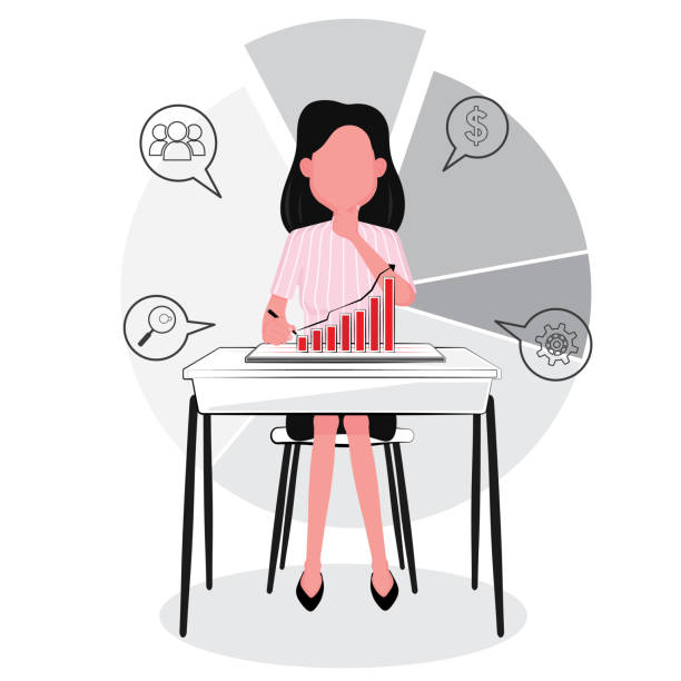 illustrations, cliparts, dessins animés et icônes de une femme d’affaires regarde le graphique tout en analysant sur une entreprise réussie - spreadsheet improvement analyst graph