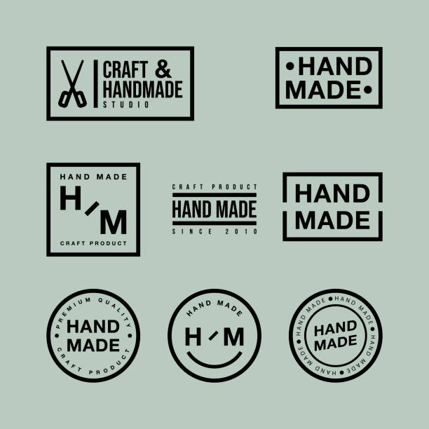 Linear badges and logo design elements vector set. Hand made, craft handmade studio, craft product, premium quality. Modern and stylish badges of different shapes on green backdrop.
