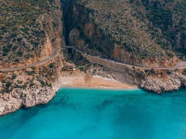 Drone point of view Kaputaş Beach is a small beach with turquoise waters of the Mediterranean Sea between Kaş and Kalkan in Antalya, Turkey. Taken by Dji camera