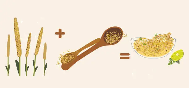 Vector illustration of Pearl millet and Couscous products,quinoa,vegan organic food. Steamed balls of crushed durum wheat semolina.