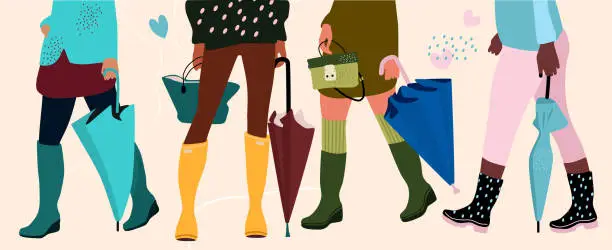Vector illustration of Set of four pairs female legs in cool rubber boots and hands with different types of trendy umbrellas.
