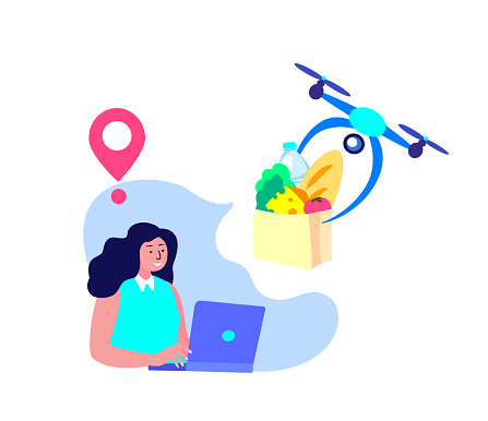 Drone Delivery.Young Smiling Woman Receive Contactless Delivery Food Product,Remotely Piloted Flying Aircraft. Consumption Online.Home Shopping.Buy,Receive Parcel.Client Order.Flat Vector Illustration