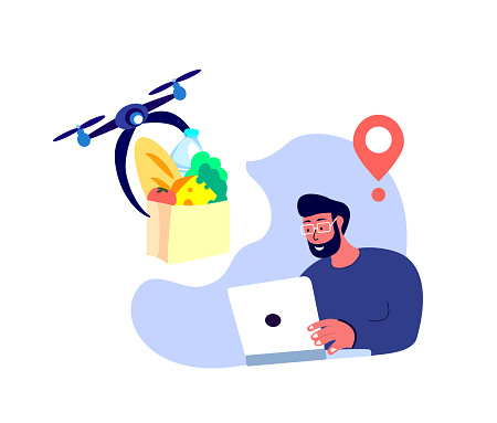 Drone Delivery. Young Smiling Man Receive Contactless Delivery Food Products,Remotely Piloted Flying Aircraft. Consumption Online.Home Shopping.Buy,Receive Parcel.Client Order.Flat Vector Illustration