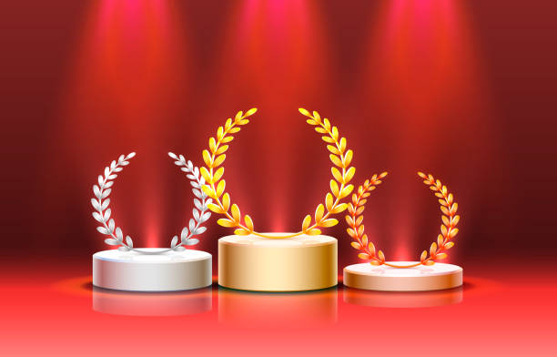 照明付きステージ表彰台、赤い背景の授賞式のためのステージ表彰シーン。ベクトル - 表彰台点のイラスト素材／クリップアート素材／マンガ素材／アイコン素材