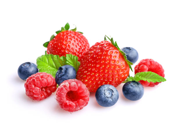 istock Pile of assorted wild fresh berries isolated on white background 1257544719
