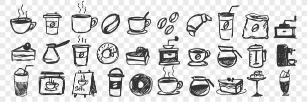 ilustrações de stock, clip art, desenhos animados e ícones de hand drawn cups and pastry doodle set - coffee backgrounds cafe breakfast