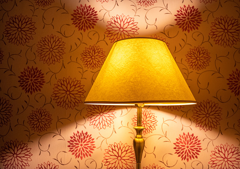 Lamp and shade colourfuly lit with a patterned wallpaper background