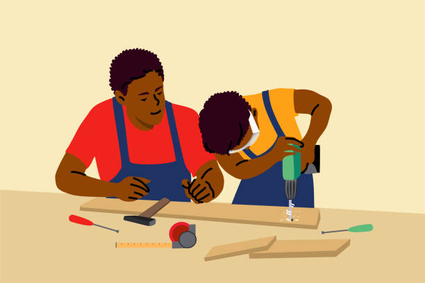 Fatherhood, childhood, work, education, help concept Fatherhood, childhood, work, education, help concept. Young african amercian man dad and child kid boy son working together teaching drilling holes in wooden plank. Fathers day recreation illustration carpentry class stock illustrations