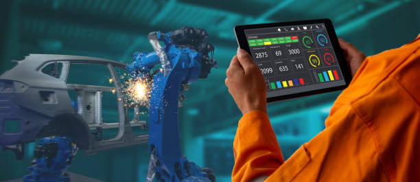 smart factory which use futuristic technology which combine big data, iot, 5g, machine deep learning, automation robot, augmented mixed virtual reality, digital twin, artificial intelligence