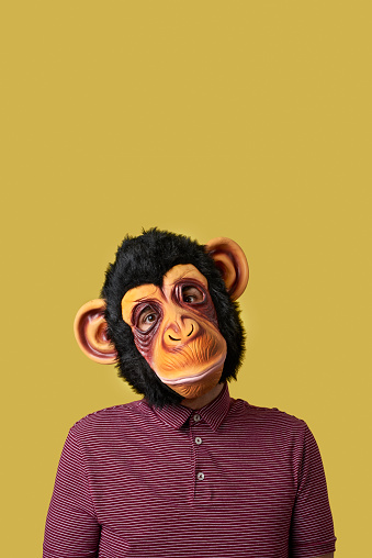 man wearing a monkey mask on a yellow background with some blank space on top