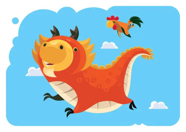 Vector illustration of funny dragon flying with chicken