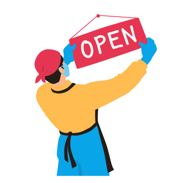ilustrações de stock, clip art, desenhos animados e ícones de an employee of a store or restaurant hangs a sign open. opening, reopening stores, shops, businesses after the pandemic. a retail worker wears a protective mask and gloves. a waiter holds a signboard. - business owner