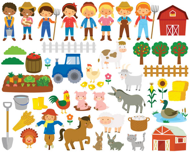 ilustraciones, imágenes clip art, dibujos animados e iconos de stock de conjunto de imágenes prediseñadas de la granja - casa rural