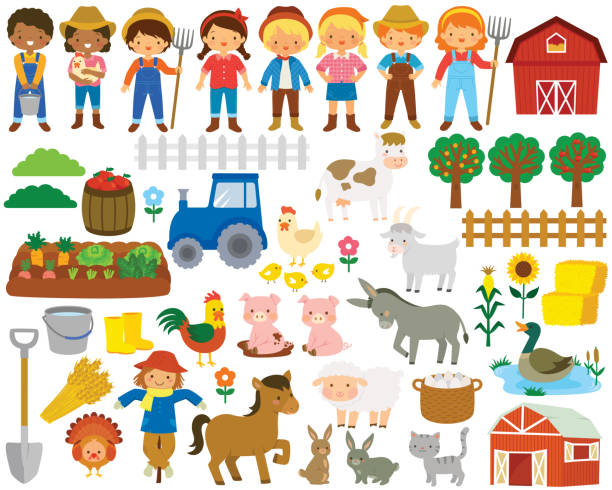 illustrations, cliparts, dessins animés et icônes de ensemble de clipart de ferme - agriculteur