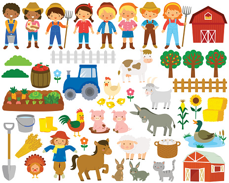 Farm life clip art set. Big collection of farm animals, farmers and items related to farming and agriculture.