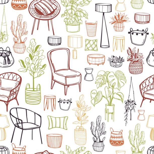Furniture, lamps and plants for the home. Furniture, lamps and plants for the home. Vector  seamless pattern furniture illustrations stock illustrations