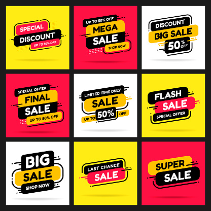 Set banners for advertising mega sale and discounts. Vector flat illustrations. Collection of different suggestions for special discount, big sale, final sale, flash sale, super sale.