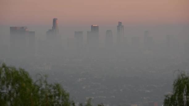 grattacieli di metropoli in smog, los angeles, california usa. inquinamento atmosferico tossico e nebbioso skyline urbano del centro. paesaggio urbano nella nebbia sporca. bassa visibilità in città con problemi di ecologia - smog foto e immagini stock