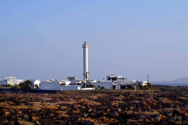 Lanzarote, Canary Island, lighthouse Faro de Pechiguera and appartements in Playa Blanca