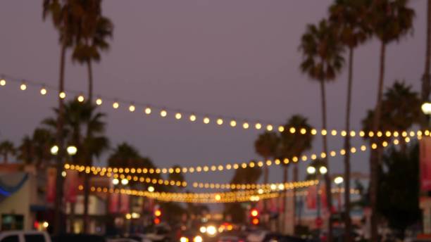 istock Decorative staring garland lights, palm trees silhouettes, evening sky. Blurred Background. Street decorated with lamps in California. Festive illuminations, beach party, tropical vacations concept. 1257563308