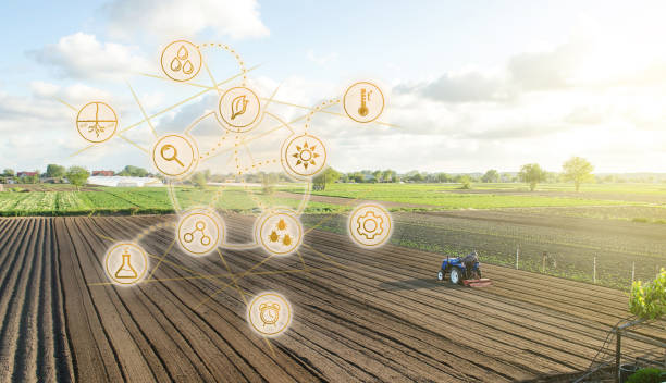 istock Futuristic innovative technology pictogram and a farmer on a tractor. Development of technology improvements. Agricultural startups agribusiness, digitalization agriculture industry. Farming. 1257567095