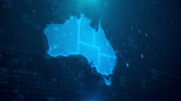 mapa de australia con estados sobre fondo digital azul - europa continente fotos fotografías e imágenes de stock