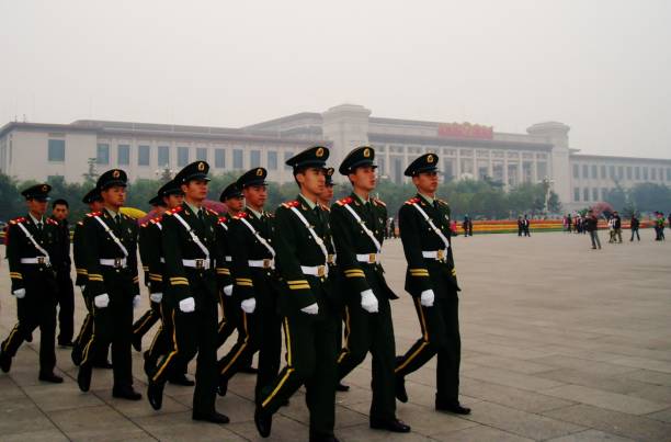 Tiananmen Square Practice Drill or parading soldiers at Tiananmen Square, Beijing China. Image taken on October 18, 2019. tiananmen square stock pictures, royalty-free photos & images