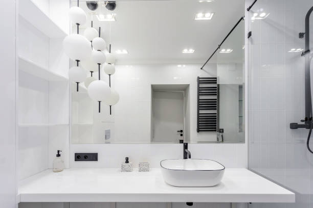 istock bright bright bathroom with a large washbasin mirror 1257571670