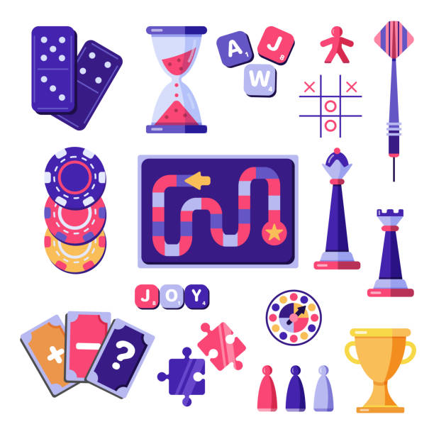 Board games entertainment play vector flat set Board games and entertainment vector set. Flat illustrations of puzzle, pawn figures, chess piece, domino, darts. Play boardgames step by step. board game stock illustrations