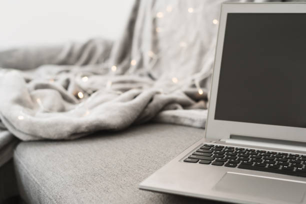istock Laptop computer standing at gray sofa, blanket and decorative lights as background. Work from home concept 1257573684
